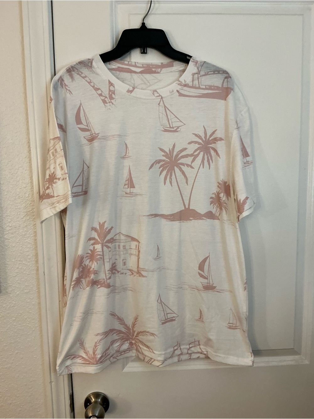 🔥 Manfinity Tropical Toile Print Short Slve T Shirt Men XL Sailboat Mauve Pink